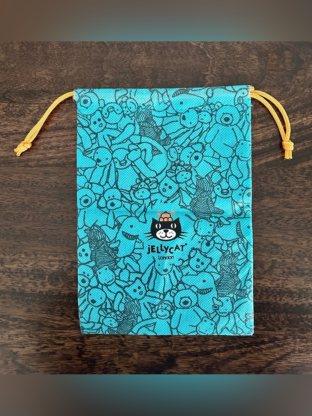 Jellycat London Teal Plush Print Drawstring Pouch Dust Bag with Yellow Cords